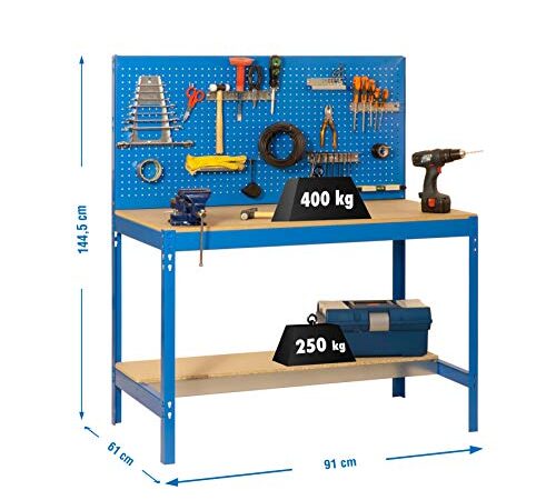 Simonrack 448100045159062 Banco de trabajo (1440 x 900 x 600 mm, 2 estantes y 1 panel perforado, 400 kg-250 kg) color azul/madera, 900 mm