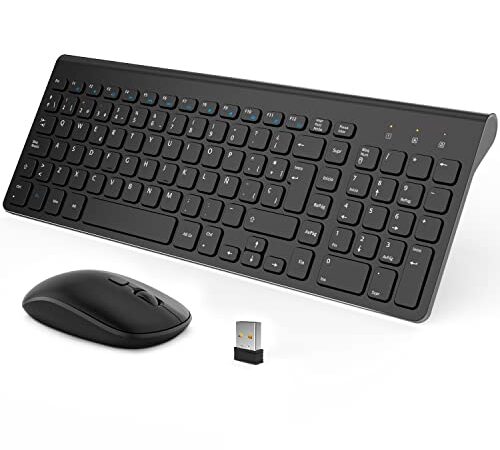 Teclado y Raton Inalámbricos Español, Teclado y Raton Inalámbricos Silenciosos Delgados de Tamaño Completo de 2,4 GHz con Nano Receptor USB 2 en 1, para PC/Portátil/Windows (Negro)