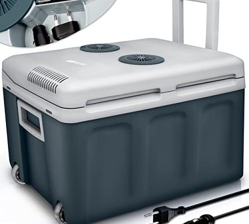 tillvex Nevera portátil eléctrica de 40 litros con ruedas | Mini nevera portátil de 230 V y 12 V para vehículos coches camping | Enfría y calienta | Modo ecológico (Gris)