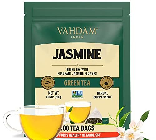 VAHDAM, Té Verde Flor de Jazmín (100 Bolsitas de Té) | Té Verde Jazmín con Flores | Ingredientes 100% Naturales | Bolsitas Piramidales de Té Verde | Té Verde Floral