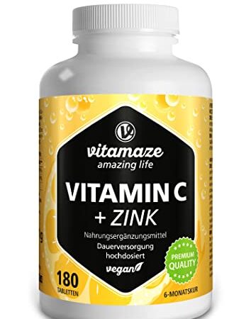 Vitamaze® Vitamina C 1000 mg + Zinc, 180 Comprimidos Vegana para 6 Meses, Reducen Fatiga y Fortalecen el Sistema Inmunológico, Natural Pura Suplemento sin Aditivos Innecesarios, Calidad Alemana