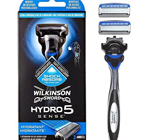 Wilkinson Sword Hydro 5 Sense Hydratant - Maquinilla de Afeitar de 5 Hojas con 2 Recambios y Bandas Lubricantes de Gel Deslizantes - Tecnologia Shock Absorb