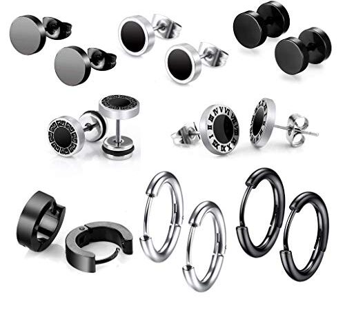 8 Pares de Pendientes de Acero Inoxidable para Hombres, 8 mm de Acero Inoxidable Clip Pendientes de Esmalte Piercing Ear Bisel Redondo Cool Stud Pendientes de perforación para Hombres,