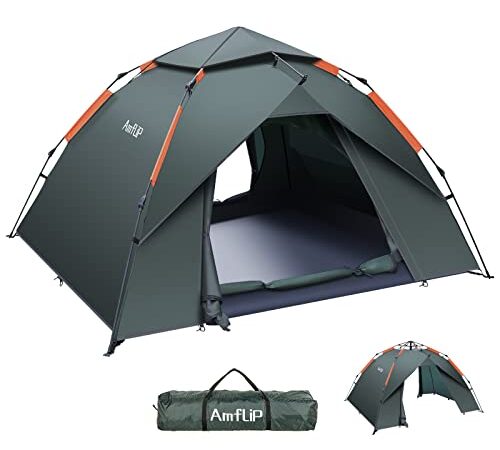 Amflip Tienda de Campaña Automática para 3 Hombre Personas, Tienda de Camping Carpa Interior y Exterior 2 en 1, Anti Impermeable Viento, Puerta Doble para Senderismo Escalada al Aire Libre Viaje