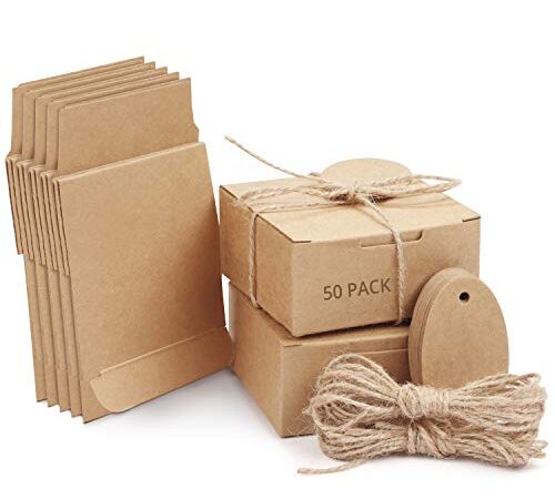 Belle Vous Cajas de Cartón Kraft Marrón (Pack de 50) Cuadradas con Tapa, Cuerda de Cáñamo y Etiqueta – 7,5 cm x 7,5cm x 3,5 cm - Caja Kraft Pequeña para Bodas y Regalos de Fiesta