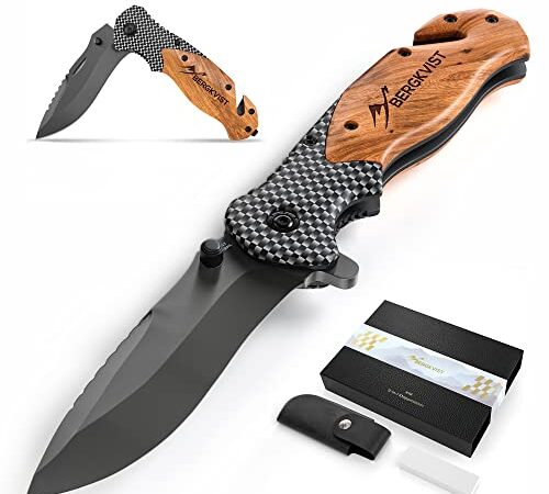 BERGKVIST® K19 Cuchillo plegable con mango de madera y aleación de titanio para exteriores y supervivencia - Navaja de bolsillo 3 en 1 con rompecristales y cortacinturones