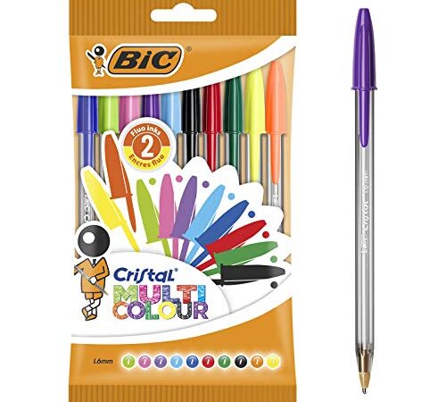 BIC Cristal Bolígrafos de Colores, Multicolor, Punta Ancha (1,6mm), Material Oficina, Blíster de 10 Bolis