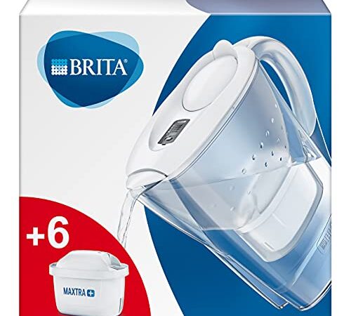 BRITA Marella blanca Pack Ahorro – Jarra de Agua Filtrada con 6 cartuchos MAXTRA+, Filtro de agua BRITA que reduce la cal y el cloro, Agua filtrada para un sabor óptimo, 2.4L