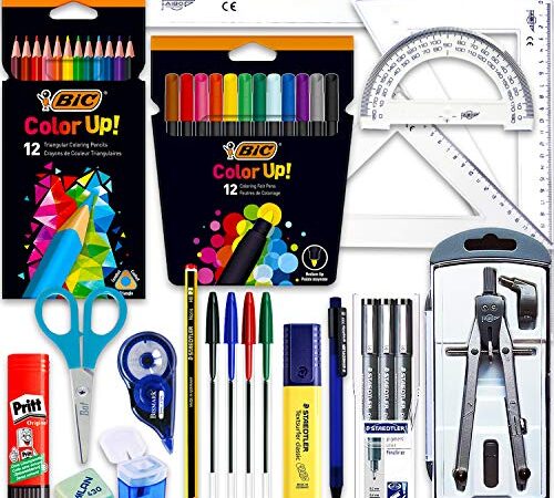 Coleset Pack Material Escolar Secundaria Instituto ESO Educacion secundaria Kit Utiles Escolares Barato Set Compas Escolar Adaptador Lote Materiales Kawaii Escuadra y Cartabon Rotuladores Calibrados