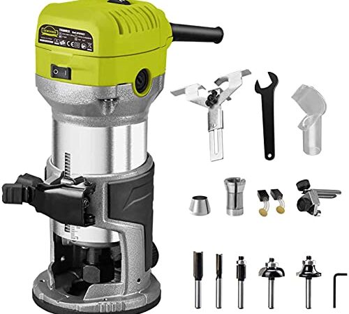 Dewinner Fresadora de Madera Rebajadora Eléctrica 710W 13000-33000RPM, Grabado Fresa Para Biselar,3 Alicates de 1/4'' , 6 mm y 8 mm, 6 Velocidades Variables, Profesión de Laminadora Fresa con Rodam