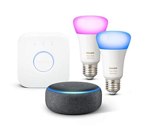 Echo Dot (3.ª generación), Tela de color antracita + Philips Hue Bombilla Inteligente Starter Kit (2x E27), compatible con Alexa