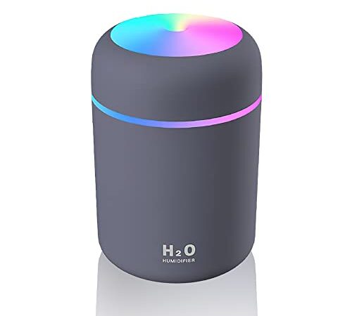 Humidificador - Mini Humidificador con Alimentación USB e inalámbrico - Difusor de aromas con función aromaterapia, silencioso - Función luz de nocturna y apagado automático (Gris)