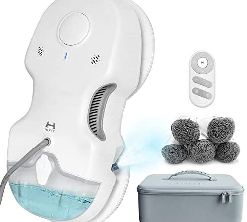 HUTT C6 Robot Limpiacristales con Tanque de Agua 80ML, Robot Limpieza de Ventanas 3800Pa , Navegación Inteligente, Control Remoto, para Lavar Todas Las Superficies Lisas, con 10 Mopas y Bolsa