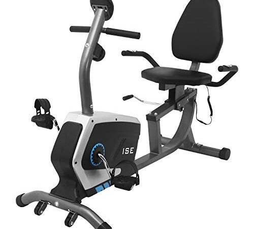 ISE Bicicletas Estaticas Reclinadas, Bicicleta Estática con Respaldo, 8 Niveles de Resistencia, Sensor de Pulso, Entrenamientos de Recuperación, Máx. 120 kg, SY-6801