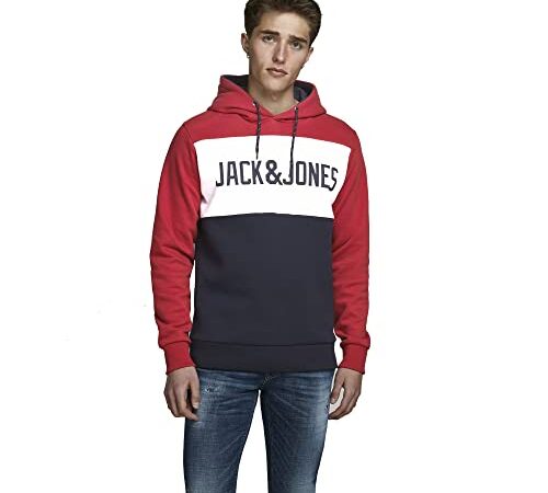 JACK & JONES JJELOGO Blocking Sweat Hood STS Sudadera con capucha, Rojo (Tango Red), L para Hombre