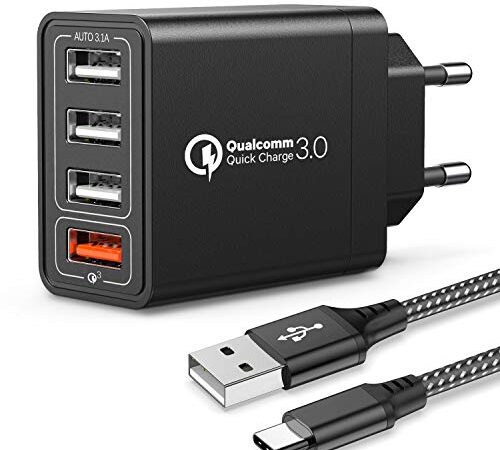 JOOMFEEN Quick Charge 3.0 Cargador USB de Pared con Cable USB Tipo C,30W QC 3.0 Cargador Móvil 4 Puertos Cargador de Red USB Carga Rapida para Samsung Galaxy S10E/S9/S8/Note8,Huawei P20,Xiaomi(Negro)