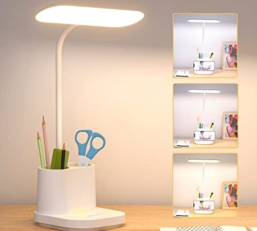 Lámpara Escritorio LED, Flexo de Escritorio con Luz Nocturna, Luz Natural Protege Los Ojos, Lampara LED Escritorio Regulable, Puerto de Carga USB, Lampara de Escritorio con Control Táctil, 3 Modos