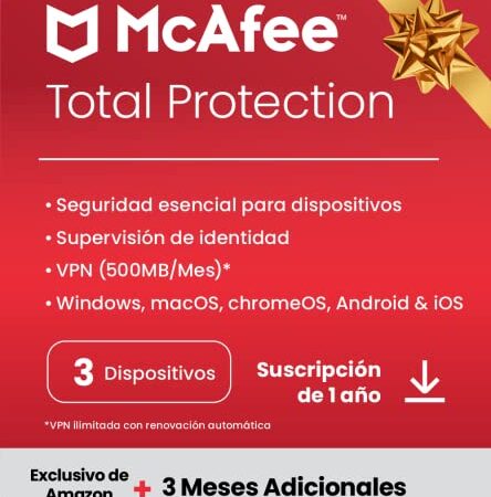 McAfee Total Protection 2023 | 15 Meses | Exclusivo en Amazon | 3 Dispositivos | Software de seguridad en Internet con antivirus | VPN | Descargar Código