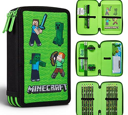 Minecraft Estuche Escolar 3 Compartimentos para Niños con Material Escolar(Verde Mob)