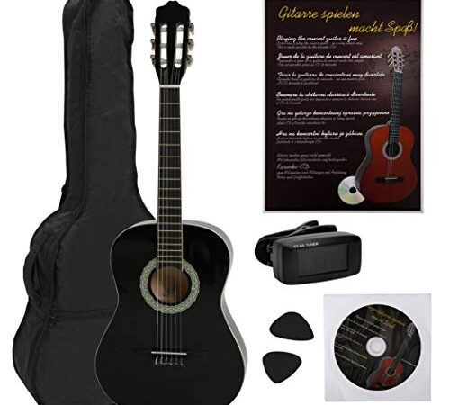 Navarrez NV12PK Starter Set guitarra clásica negro 4/4, bolsa/Gig Bag, libro con CD, afinador (tuner),2 púas