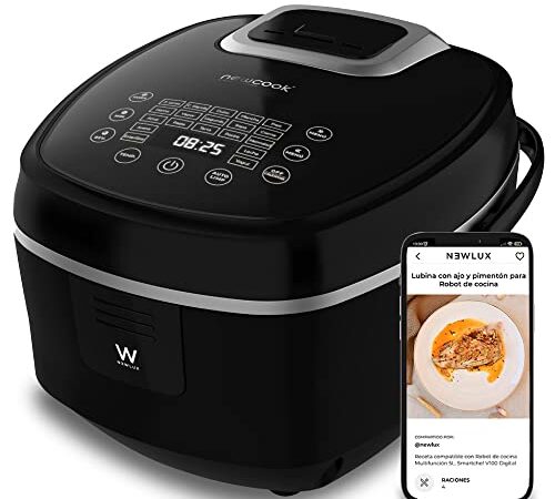 NEWLUX - Robot de cocina Multifunción Programable 24H Digital V100, Táctil, Capacidad 5L (Hasta 10 pax), 21 Prog Automáticos. Mantiene el Calor 12H. Incluye Cubeta Antiadherente y Accesorios (900W)