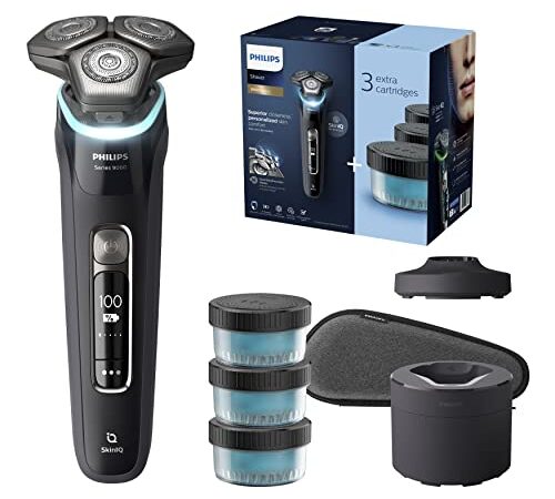 Philips Shaver Series 9000, afeitadora eléctrica en seco y húmedo con tecnología SkinIQ y 3 cartuchos adicionales, S9986/63