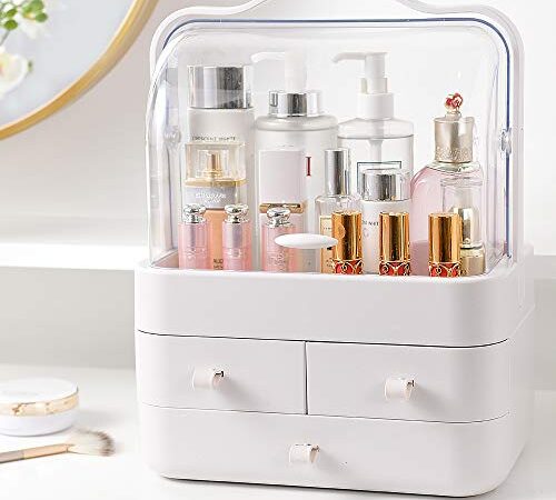 RMAN® Organizador de Maquillaje, Organizador de Cosméticos con Tapa, Ajustable Caja Cosmética de Maquillaje con Múltiples Funciones, Beauty Organizer Para Tocador Dormitorio Baño - Blanco