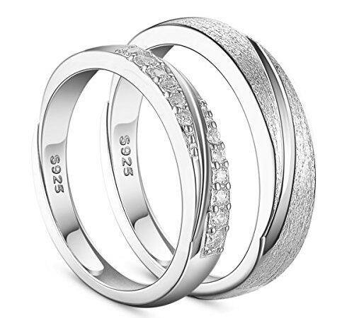 SHEGRACE Par de Anillos de Pareja en Plata de Ley 925 con Grabado Esmerilado y Anillos de Compromiso de Circonio 3A, Ajustables, Regalo para Amantes