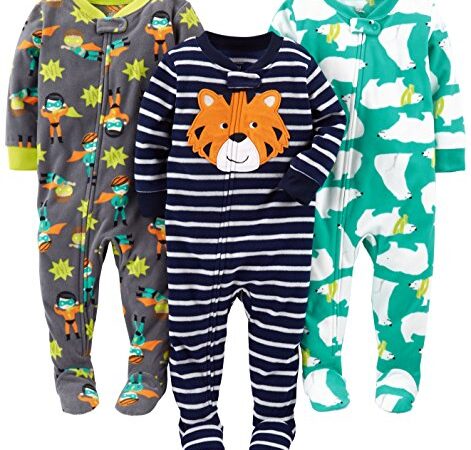 Simple Joys by Carter's Pijama con Pies de Forro Ajuste Holgado Bebé Niño, Pack de 3, Tigre/Oso Polar/Superhéroe, 12 Meses