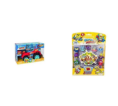 SuperZings - PlaySet Héroe Truck (PSZSP112IN20) con Vehículo y 2 Figuras Especiales + Serie 4 - Blíster con 10 Figuras (PSZ4B016IN00), 9 Figuras y 1 Figura Dorada Super Rare