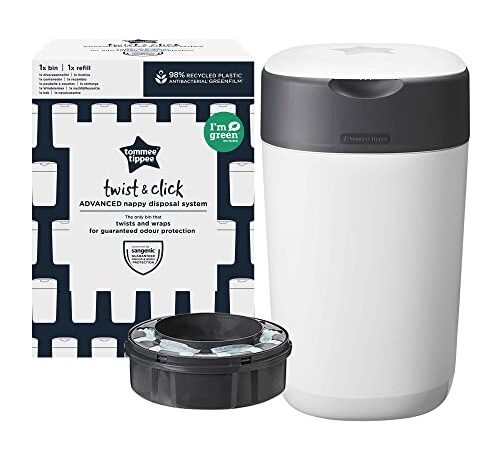 Tommee Tippee - Contenedor para Pañales Avanzado Twist and Click, Nuevo Sistema Ecológico, Incluye 1 Recambio con Película Greenfilm Antibacteriana y Sostenible, Unisex, Blanco