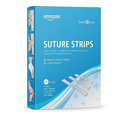 Amazon Basic Care - Tiras de sutura hipoalergénicas esterilizadas, 4 tamaños, 60 tiras