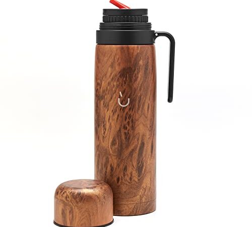 BALIBETOV - Termo Mate de Acero Inoxidable para Viajas, Oficina, Aire Libre I Termo con Pico Matero (1 litro) (Madera, 1 L)