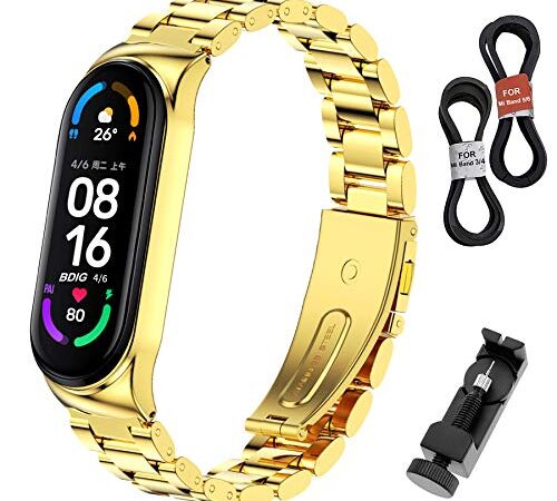 BDIG Correa Compatible para Xiaomi Mi Band 6/5 & MiBand 4/3 Correas Metal, MiBand 6 Pulsera de Acero Inoxidable Agradable para Mi Band 3/4/5/6 Correa (No Host)