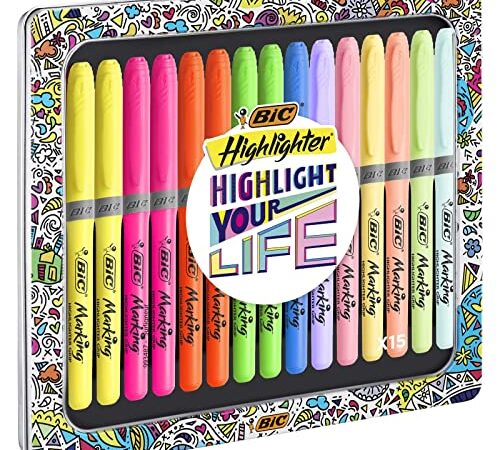 BIC Highlighter Collection Box - Subrayadores , Colores Surtidos En Tonos Intensos Y Pastel, Caja Metálica De Regalo Con 15 Unidades