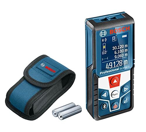 Bosch Professional Medidor Láser de Distancia GLM 50 C, Transmisión de Datos Bluetooth, Sensor de Inclinación de 360°, Máx. Distancia 50 m, 2 Pilas de 1.5 V, Funda, Amazon Exclusive