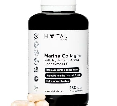 Colágeno Marino con Ácido Hialurónico, Coenzima Q10, Vitamina C y Zinc | 180 cápsulas (Suministro para 3 meses) | Péptidos que mantienen articulaciones, cartílagos, huesos, piel, cabello y uñas sanos