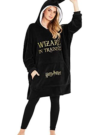 HARRY POTTER Sudadera Mujer, Bata Manta Polar Mujer, Sudadera para Mujeres Oversize con Capucha de Forro Polar, Regalos Originales para Mujer (Negro)