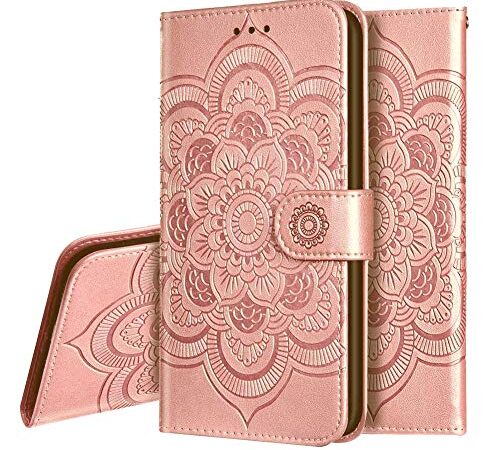 IMEIKONST Xiaomi Mi 9 Lite Funda Embossed Libro de Cuero Billetera Premium Phone Case Flip Folio Card Slot Holder Magnetic Stand Funda para Xiaomi Mi CC9 Mandala Rose Gold LD