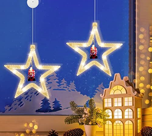 Jsdoin 2 Piezas Cortina Luces Navidad, Cortina de Luces con Estrella a Pilas, 10 LED Luces de Cortina de Ventana, Blanco Calido, Luces de Decoración para Interior Exterior Navidad Fiesta