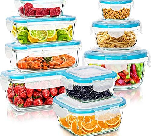 KICHLY Recipientes de cristal para alimentos - 18 pieza (9 envase, 9 Transparente tapa) Hermético Tapers cristal - Apto para lavavajilla, microondas, congelador - Aprobado por la FDA y FSC - Sin BPA