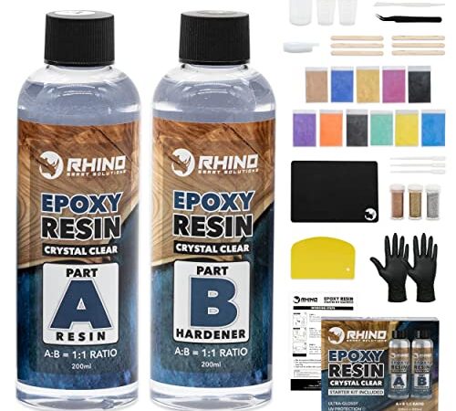 Kit Resina Epoxi Transparente RHINO Smart Solutions - Set de Iniciación Resina Liquida + Endurecedor (1:1) con Accesorios, Pigmentos y Molde para Manualidades, Joyería, Bricolaje, Recubrimiento