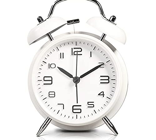 LATEC Reloj Despertador de Doble Campana con luz Nocturna, Gran Esfera de 4 Pulgadas, batería de Reloj Despertador Ruidoso, sin tictac, silencioso, Timbre de Alarma Retro, Unidad de Cuarzo (Blanco)