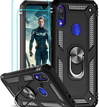 LeYi Funda para Xiaomi Redmi Note 7 / Note 7 Pro con [2 Unidades] Cristal Templado,Armor Carcasa con 360 Grados Anillo iman Soporte Hard PC Silicona TPU Bumper Antigolpes Case, Negro