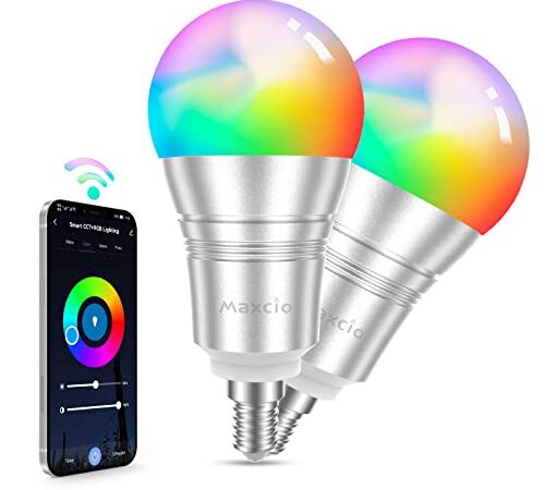 Maxcio Bombilla WiFi, Bombilla Inteligente WiFi de Multicolor con Intensidad Regulable, 8 Modos de Escena con Temporizador, 9W-E14, Compatible con Alexa, Google Home - 2 Packs