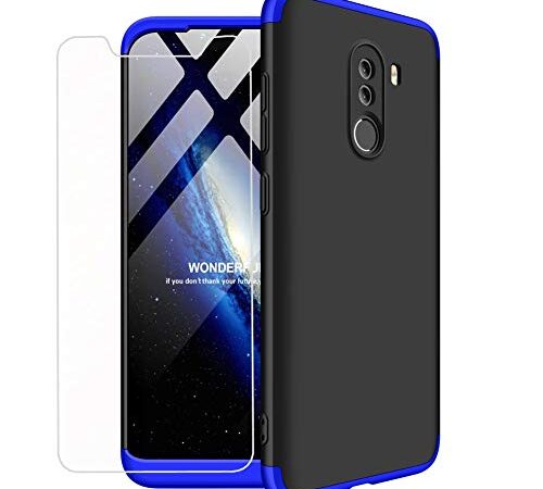 MLOTECH Funda para Xiaomi Pocophone F1, Carcasas + Cristal Templado PC Hard Case 360 Grados Slim Fit Mate Anti-Shock Anti-Rasguño Protectora Cubierta-Azul Negro