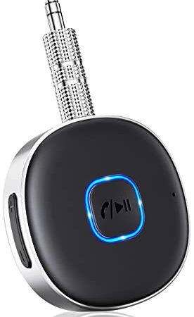 Mohard Receptor Bluetooth 5.0, AUX Adaptador Bluetooth Coche Audio Jack 3.5mm para Estéreo Domestico/Altavoz/Auriculares con Cable, Llamadas Manos Libres y Conexión Dual, Tiempo de Reproducción 16H