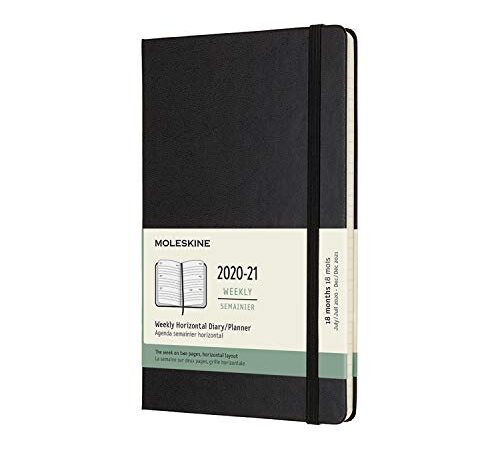 Moleskine - Agenda Horizontal Semanal, Agenda de Bolsillo 2020/2021 de 18 Meses, Agenda Semana Vista con Tapa Dura y Cierre Elástico, Tamaño Grande 13 x 21 cm, Color Negro, 208 Páginas