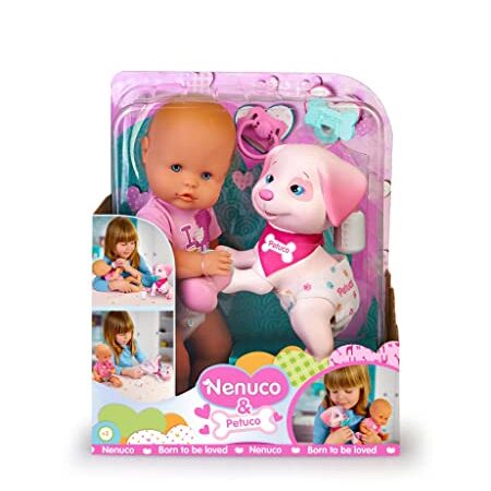 Nenuco - Nenuco & Petuco, muñeco bebé de Cuerpo Duro, Mide 35 cm, y su Animal Mascota, el Perrito Petuco, comen y Hacen Pipi en el pañal, Tienen Accesorios como Chupete y biberón, Famosa (700017204)