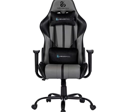 Newskill Silla Gaming Horus, Reclinable 180º, Altura Ajustable, Reposabrazos Fijos, Cojín Lumbar y Cervical, Ergonómica, Pistón Clase 4, Piel Sintética, Silla Gamer Gris